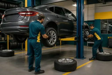 Técnico realizando rodízio de pneus em uma borracharia.
