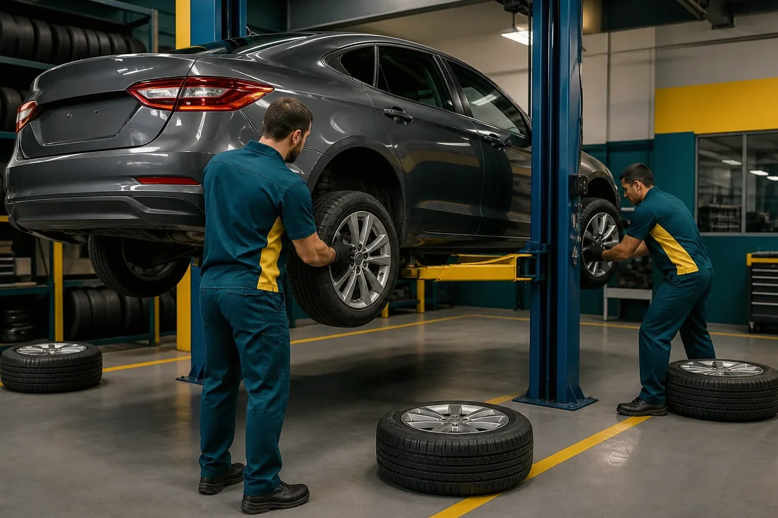 Técnico realizando rodízio de pneus em uma borracharia.