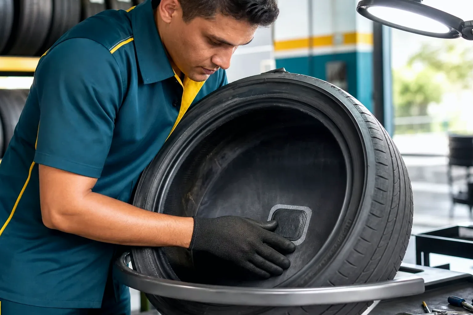 Técnicos consertando pneus em uma borracharia.