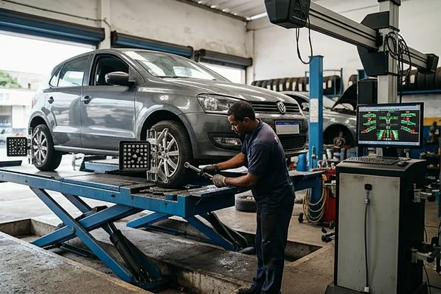 Técnicos fazendo alinhamento de rodas em uma borracharia.