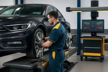 Técnicos realizando alinhamento de rodas na borracharia.