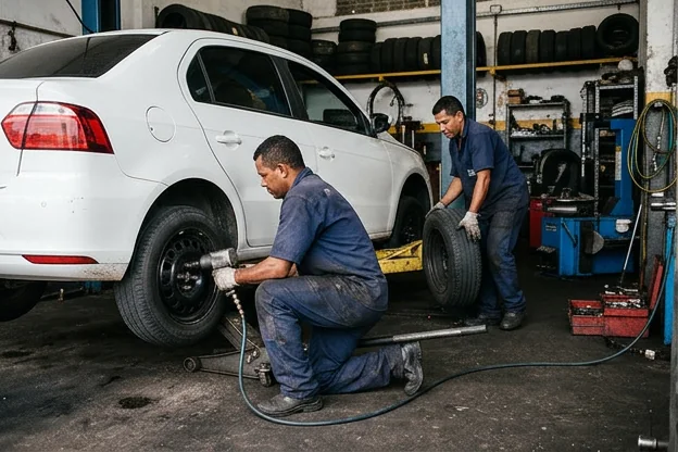 Técnicos realizando o rodízio de pneus na borracharia.