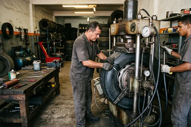 Técnicos realizando vulcanização de pneus na O Polo Borracharia.