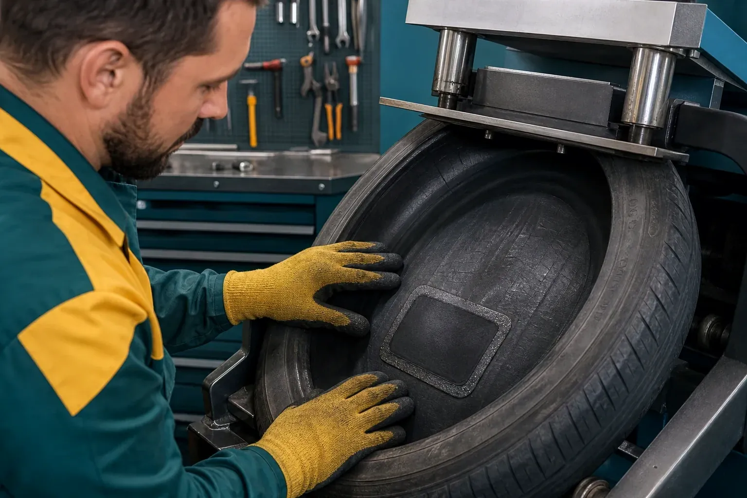 Técnicos realizando vulcanização de pneus.